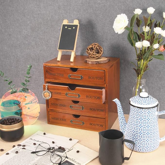 Wooden Storage Box with 4 Drawers Vintage Office Supplies and Accessories - Image 5