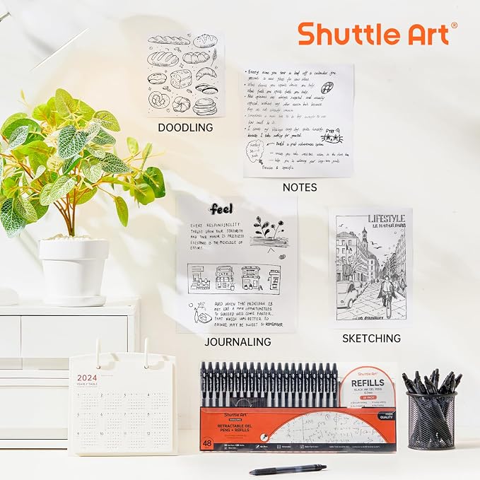 Shuttle Art Black Gel Pens, 48 Pack Retractable Medium Point Rollerball Gel Ink - Image 4