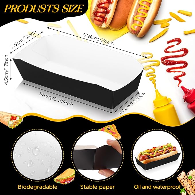 Yeaqee 100 Pcs 7" Paper Hot Dog Trays Disposable Paper Food Nacho Boats Hot Dog - Image 2