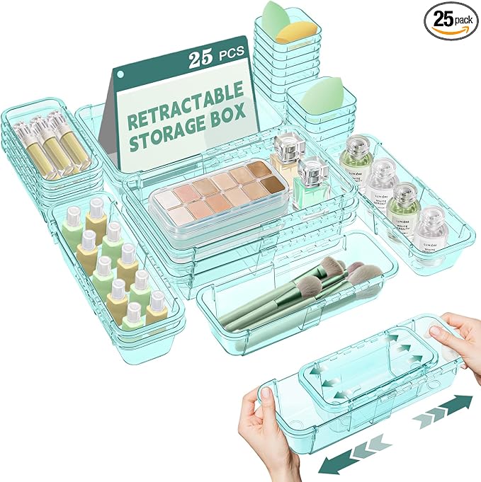 25 Pcs Clear Drawer Organizer, Adjustable Drawer Storage Box, 3-Size Desk by Hiitytin