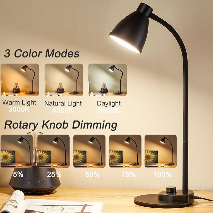 BOHON LED Desk Lamp with USB Charging Port 3 Color Modes Dimmable, AC Adapter - Image 2