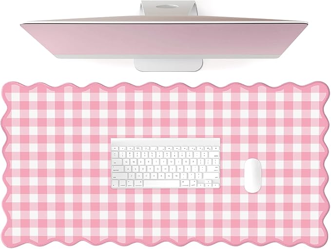 Scalloped‌ Pink Checkered Gingham Desk Mat Cute Pastel Large Mouse Pad Kawaii by Unknown
