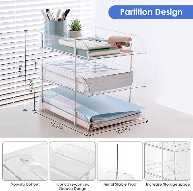 Desk Organizers and Storage, 3 Tier Clear Heightened Stackable Paper Tray - Image 6