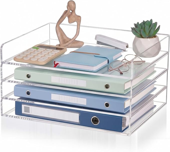 Harloon 4 Tier Acrylic Paper Tray Organizer, Heavy Duty Stackable Clear by Muasung