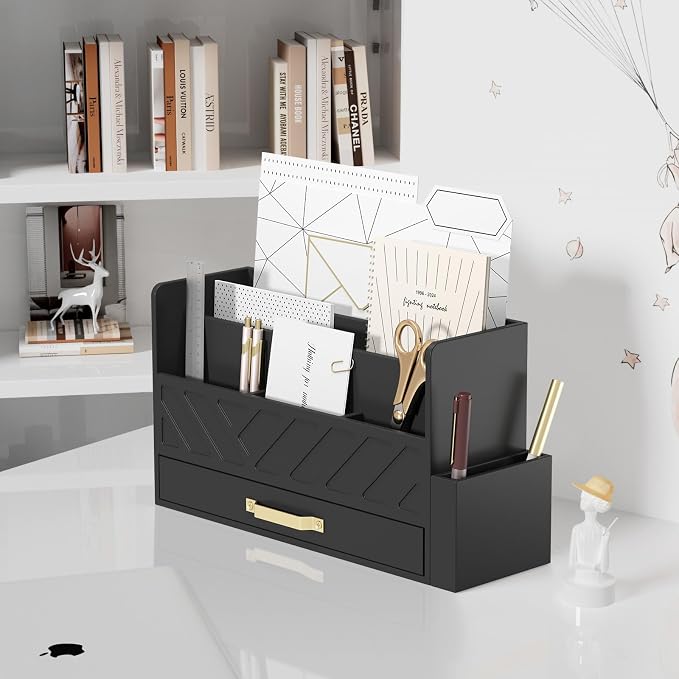 WISUCART Bamboo Desk Organizer Mail Holder Countertop Wood Desk Drawer Tabletop - Image 3