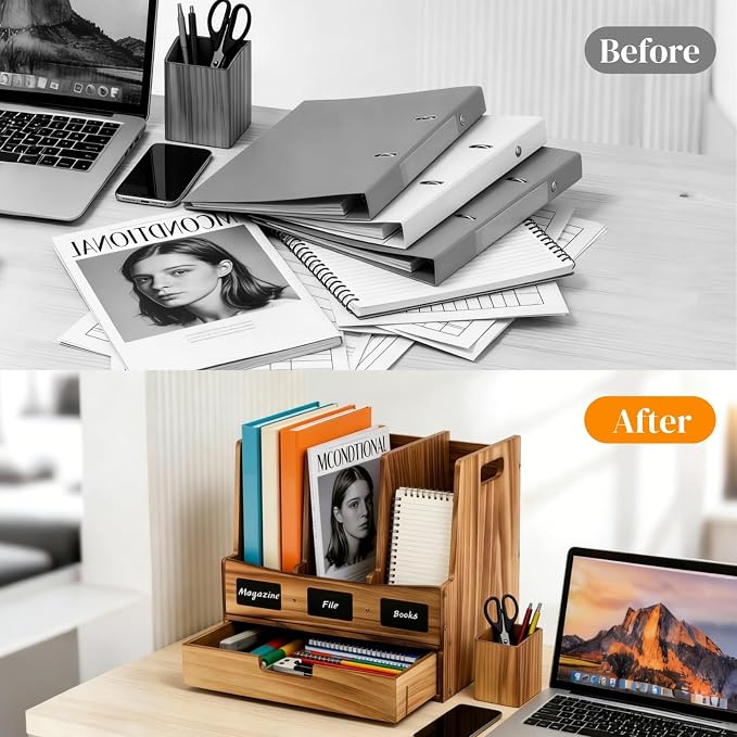 Wood Desk File Organizer, 3-Section Vertical File Holder - Image 7