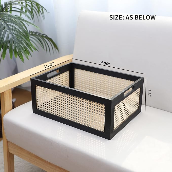 Black Wooden Basket, Rattan Storage Basket - Image 3