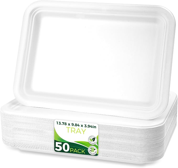 50Pack 14" Heavy Duty Disposable Rectangle Food Trays, Compostable Extra Large by Birchio