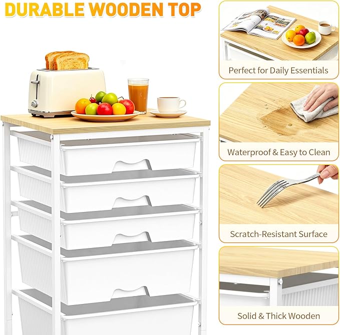 SUNALLY Rolling Carts With 5 Drawers, Storage Drawer Carts with Wooden Tabletop - Image 4