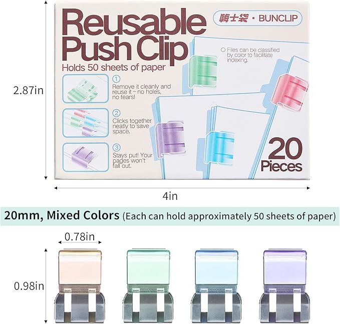 Push Paper & Binder Clips, 20 Pack 50 Sheet Heavy Duty No Damage | Reusable - Image 2