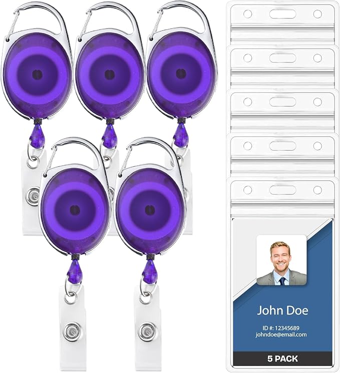5 Pack Id Badge Holder With Clip – Transparent Purple Badge Reels with Id by WillWell