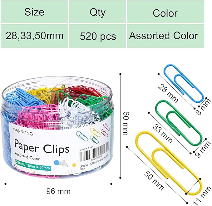 520 PCS Colored Paper Clips Assorted Sizes, Small Medium and Large, Colorful - Image 2