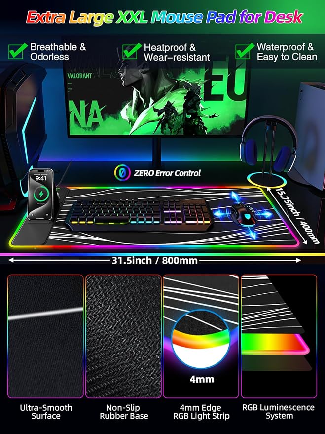 Mouse Pad with Foldable Phone Holder & Wireless Charger, XXL RGB Gaming - Image 5