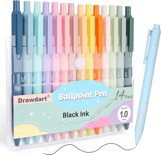 Drawdart 14-Pack Ballpoint Pens, Medium 1.0mm Black Ink Cute Pen by Drawdart