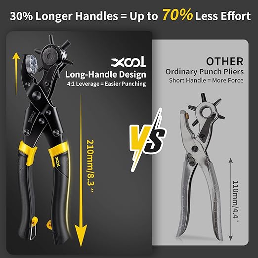 XOOL Round & Oval Leather Hole Punch Set, Upgraded Long Handle Revolving Punch - Image 4