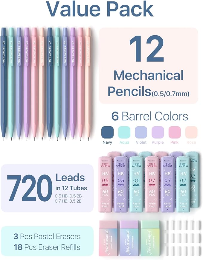 Four Candies Cute Mechanical Pencil Set, 0.5mm & 0.7mm Point, 12-Count Pack | - Image 6