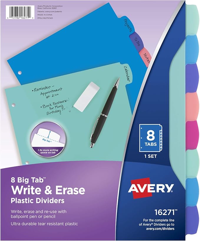 Avery Write & Erase Dividers for 3 Ring Binders, 8 Tabs per Set, Binder by Avery