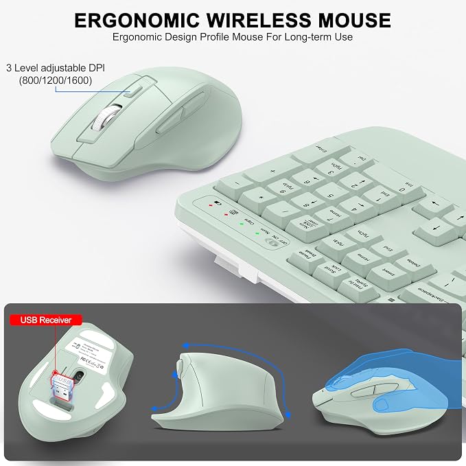 Wireless Keyboard and Mouse Combo, 2.4G Full Size Wave Keys Ergonomic Keyboard - Image 4