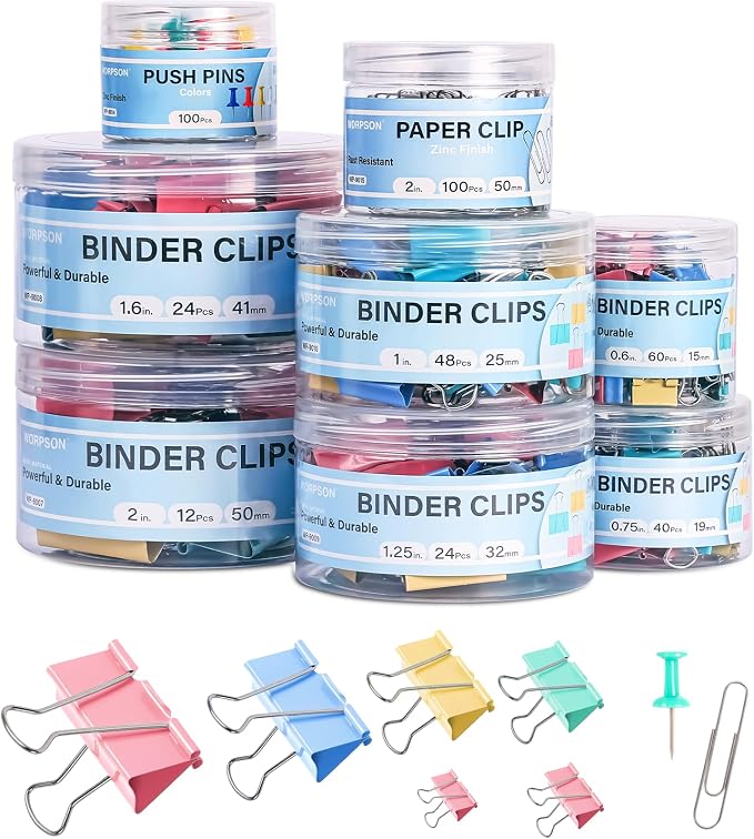 408 PCS Binder Clips Paper Clamps Assorted Sizes and Push Pins, Binding by WORPSON