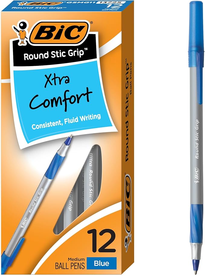 BIC Round Stic Grip Xtra Comfort Blue Ballpoint Pens, Medium Point, 12-Count by BIC