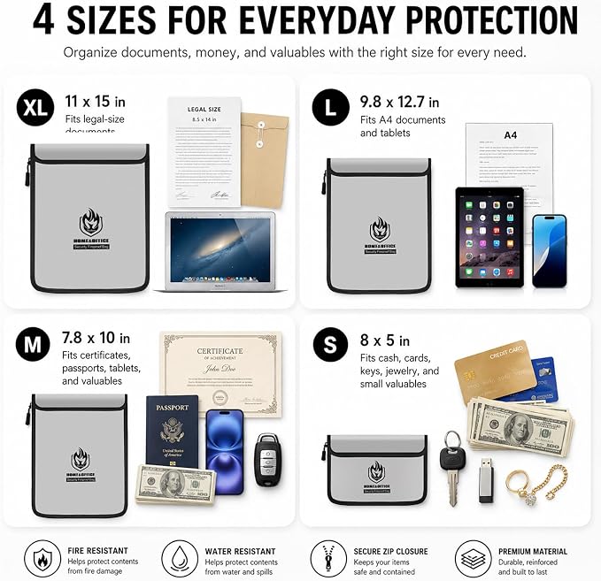 Andyer 4 Pack Fireproof Document Bags, Waterproof Document Holder | Multi-Size - Image 2