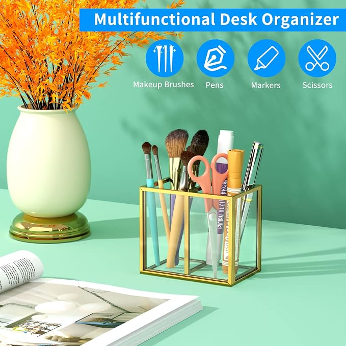 NIUBEE Gold Acrylic Pen Holder for Desk, Acrylic Desk Organizers and - Image 3