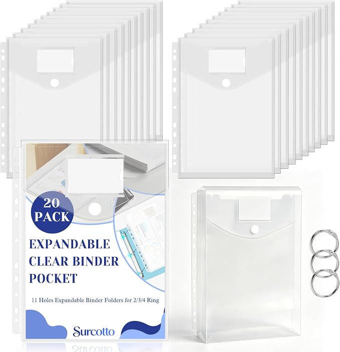 20 Pack Clear Expandable Binder Pockets by Surcotto