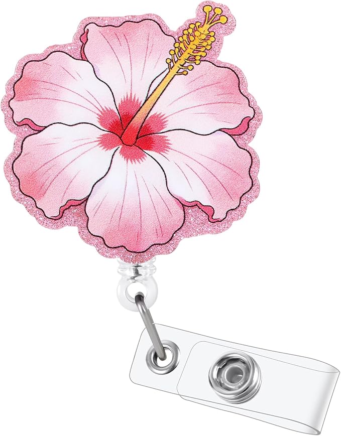 Pink Hibiscus Flower Funny Nurse Badge Reel, Cute Acrylic Floral Retractable ID by LINAYOHA