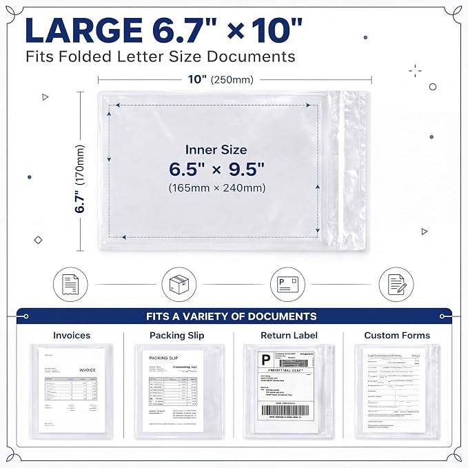 Glenmal 100 Pcs 6.7" x 10" Resealable Packing List Envelopes Clear - Image 2
