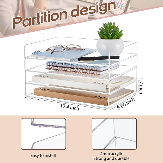 Harloon 4 Tier Paper Organizer Letter Tray Acrylic Desk File Organizer Heavy - Image 2