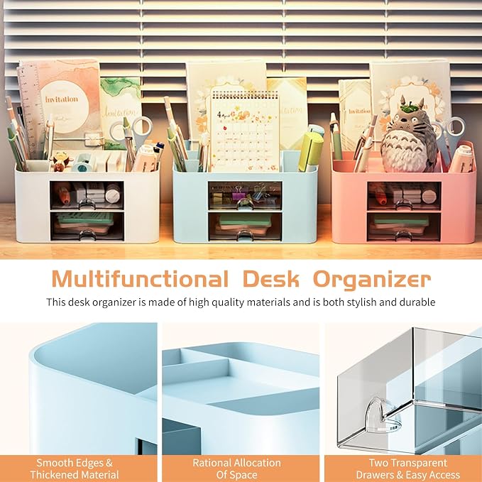 Cayxenful Pencil Pen Holder for Desk, 2 Drawer Desk Organizers, 5 Compartments - Image 3