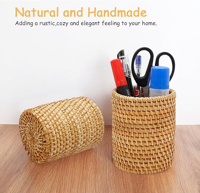 2 Pack Rattan Pencil Holder for Desk Handmade Pen Organizer Bucket Boho Desk - Image 5