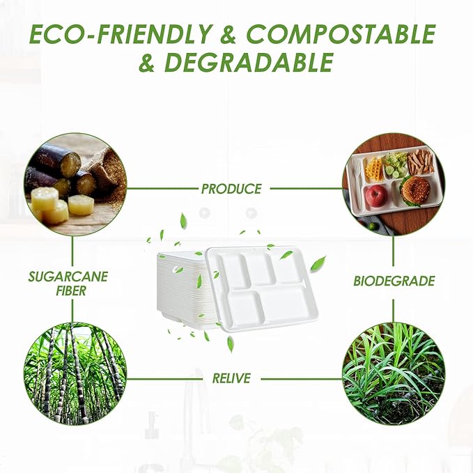 Vplus 100% Compostable 6 Compartment Plates, 90 Pack Compartment Paper Plate - Image 5