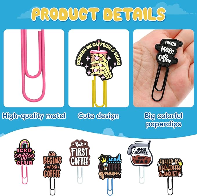 30 PCS Coffee Paper Clips Metal Paperclip Large Size Paper Clip Cute Bookmark - Image 3