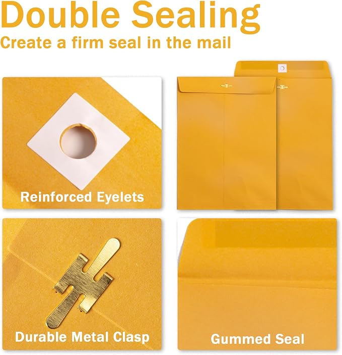 20 Pack Clasp Envelopes 9 x 12, 100 GSM Heavy Paper, Goefun Large Yellow - Image 2