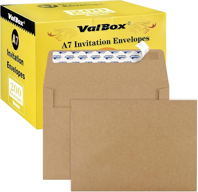 ValBox 200 Qty A7 Invitation Envelopes 5 x 7, 120GSM Brown Kraft Paper Envelopes by ValBox