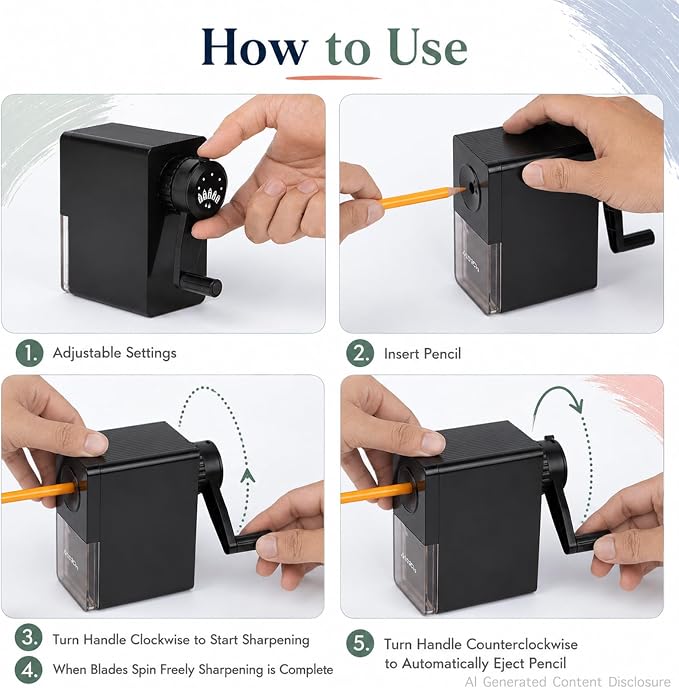 Marie's Long Point Manual Pencil Sharpener, 5-Level Adjustable Hand Crank - Image 9