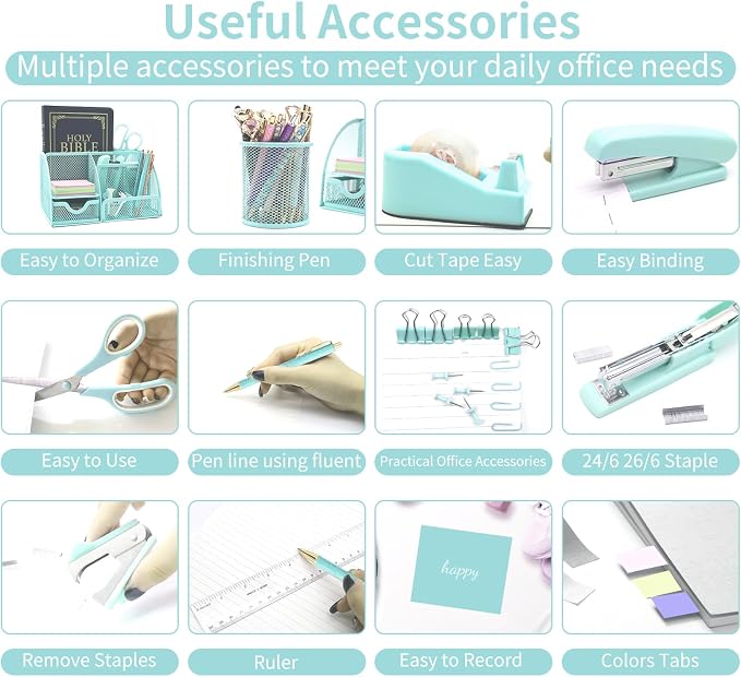 12 in 1 Green Desk Organizers & Accessories Set, Office Supplies Include Stapler - Image 5