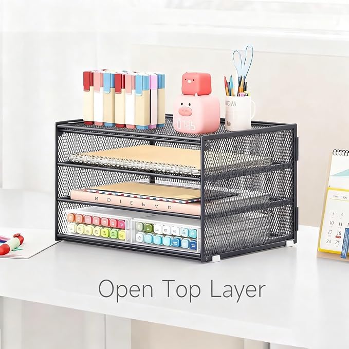 Lavatino 3-Tier Letter Tray Desk Organizer – Grey Mesh Metal Paper File Tray - Image 4