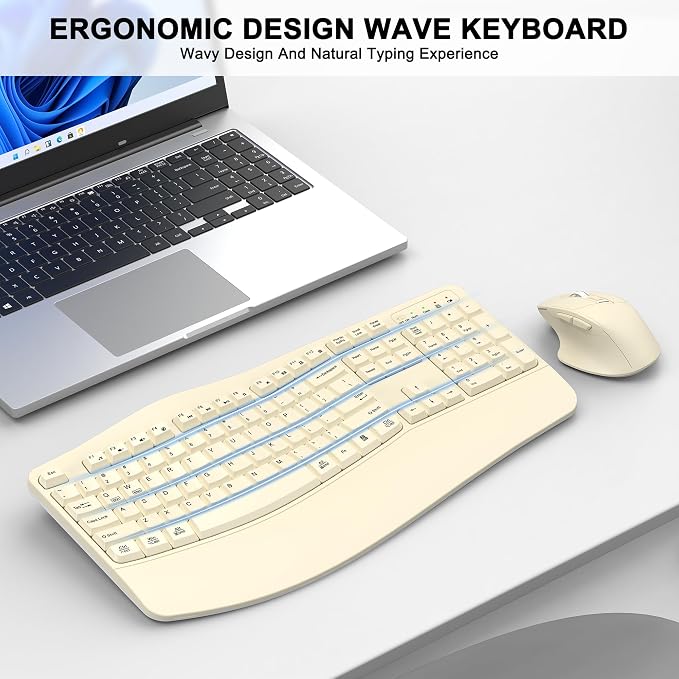 Wireless Keyboard and Mouse Combo, Ergonomic Wave Keys | 2.4G Full Size Wave - Image 2
