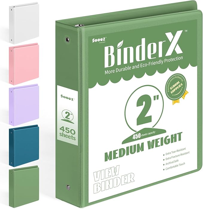 BinderX Extra Durable 3 Ring Binder, Round Ring 2 Inch Binders, Fits 450 Sheets by Sooez