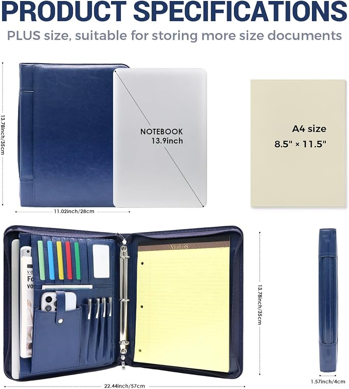 Faux Leather Portfolio with Handle, 3-Ring Padfolio Organizer - Image 4