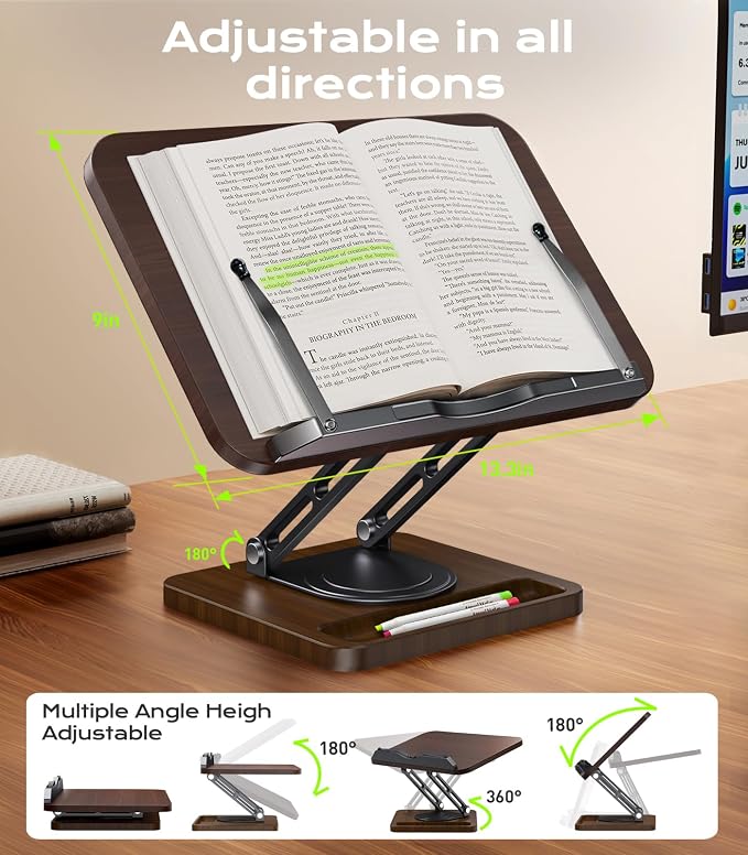 Book Stand for Reading, Adjustable Book Holder, 360° Rotating Bases - Image 7