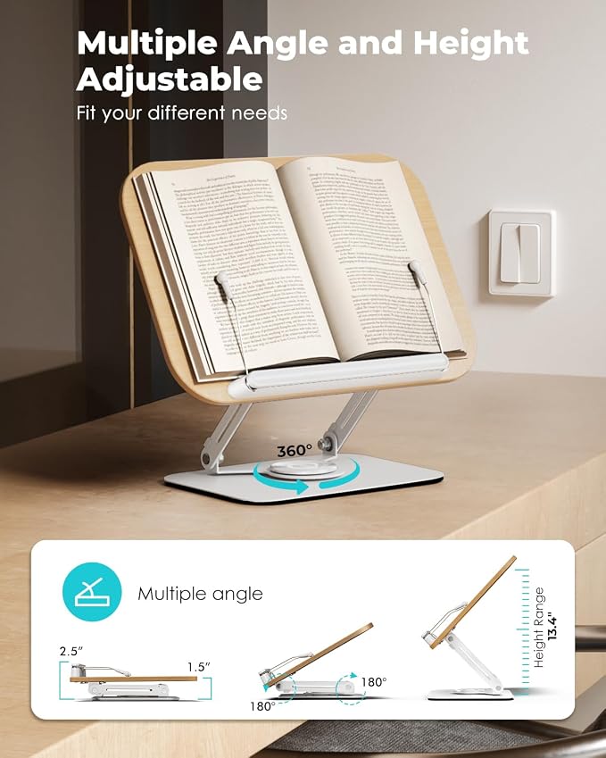 Viozon Book Stand for Reading, Book Holder, Height&Angle Adjustable, 360° - Image 3