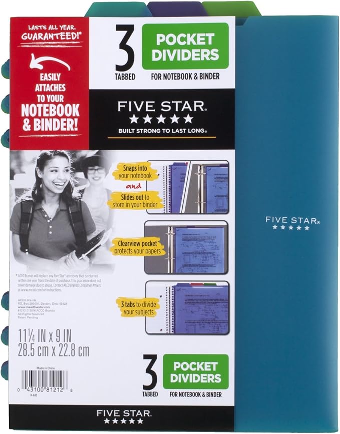 Five Star Pocket Dividers, Fits 3 Ring Binder, Colors Will Vary, 3 Pack by FiveStar