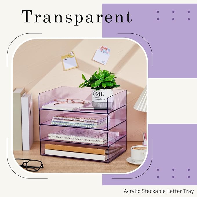 Harloon 4 Tier Clear Purple Acrylic Paper Organizer Letter Tray, Aesthetic - Image 5