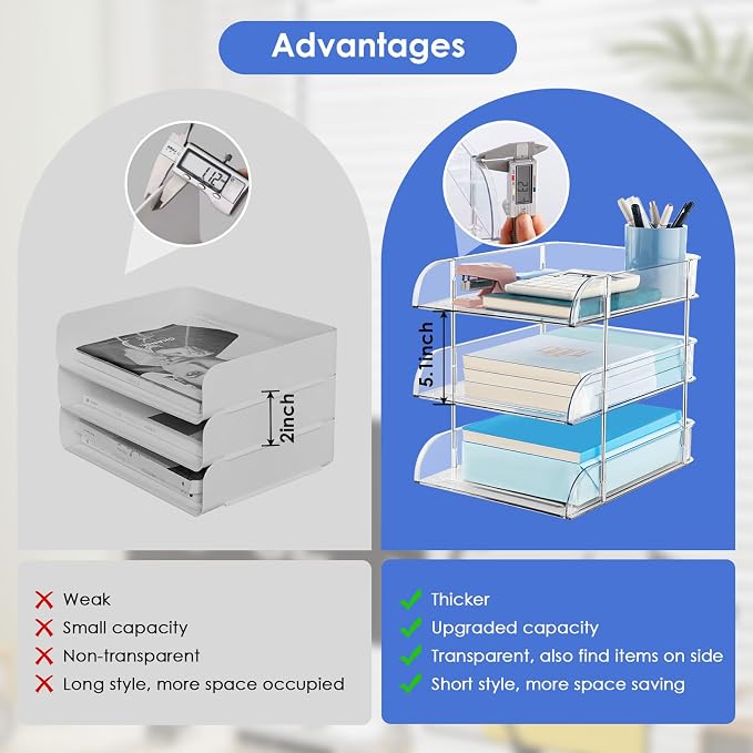 Desk Organizers and Storage, 3 Tier Clear Heightened Stackable Paper Tray - Image 5