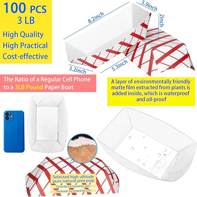 100 Pack 3lb Paper Food Trays, Disposable Greaseproof Kraft Checkered Carnival - Image 2