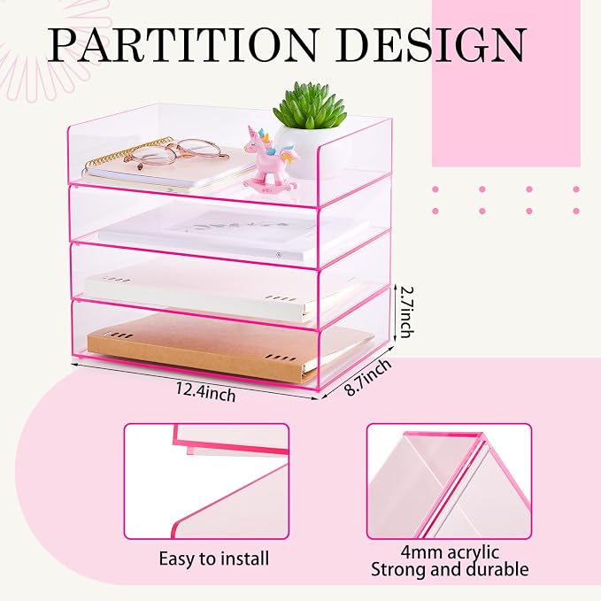 Harloon 4 Tier Paper Organizer Letter Tray Pink Acrylic Desk File Organizer - Image 2