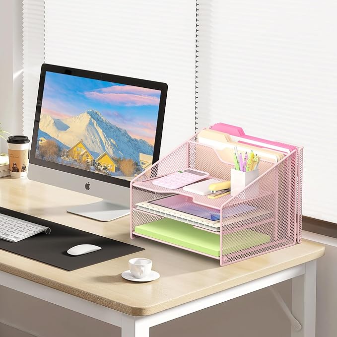 Samstar Pink Desk File Organizer, Mesh Letter File Folder Holder - Image 4